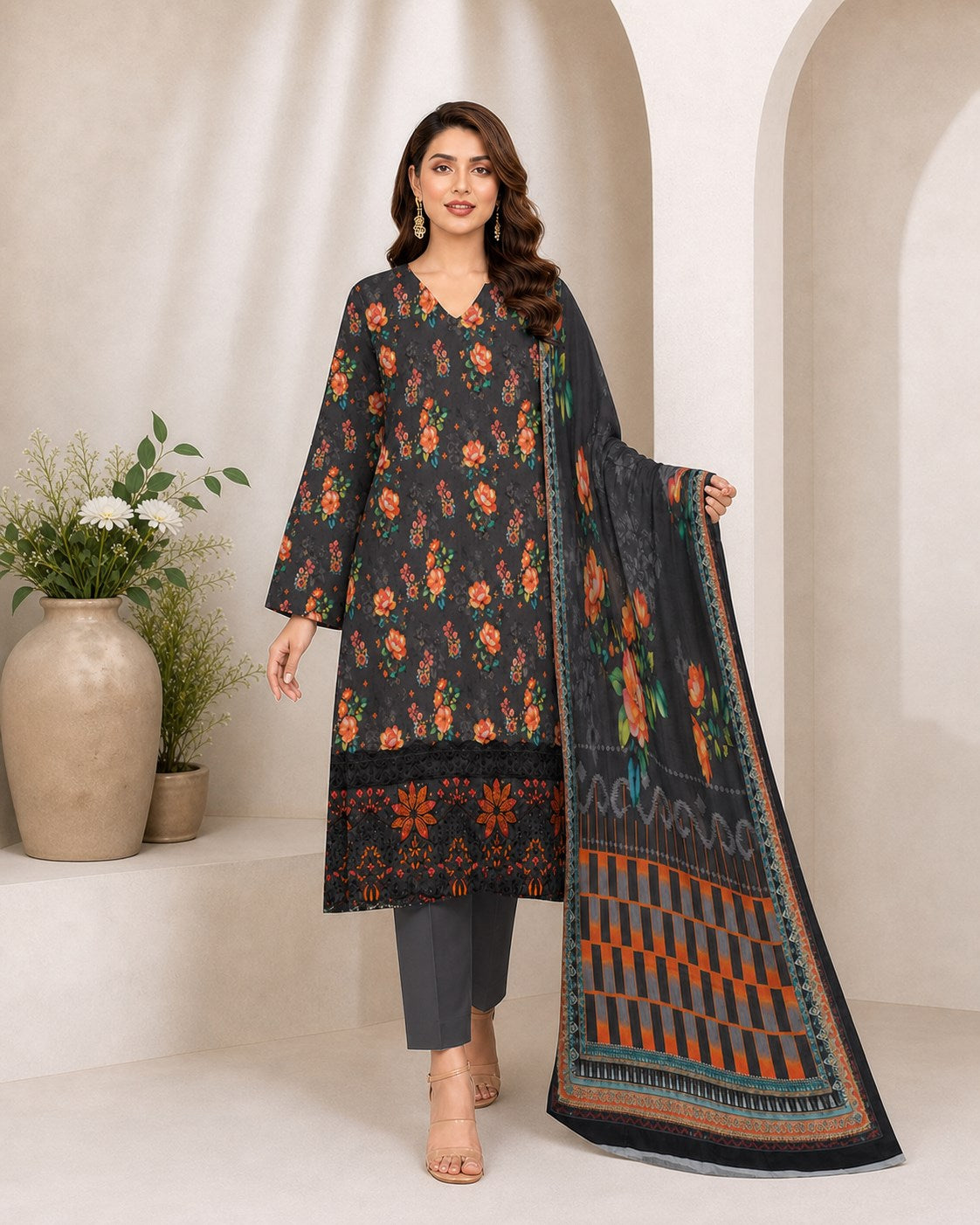 Charcoal Grey Floral Digital Lawn 3-Piece Suit – Vol. 532
