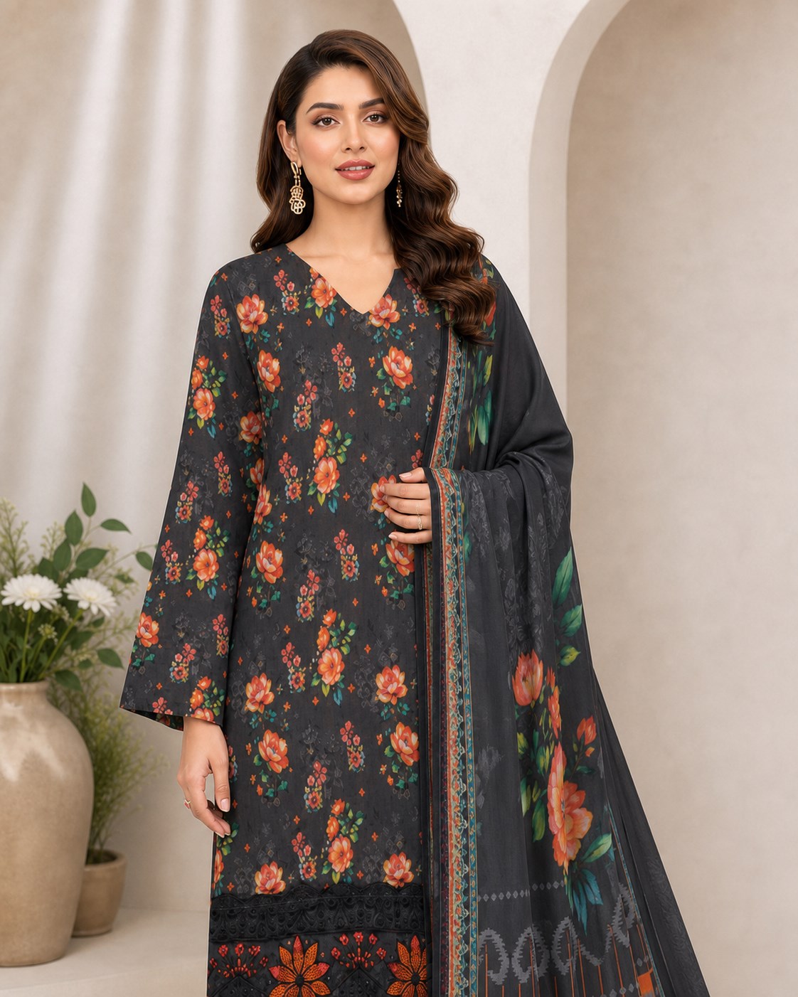 Charcoal Grey Floral Digital Lawn 3-Piece Suit – Vol. 532
