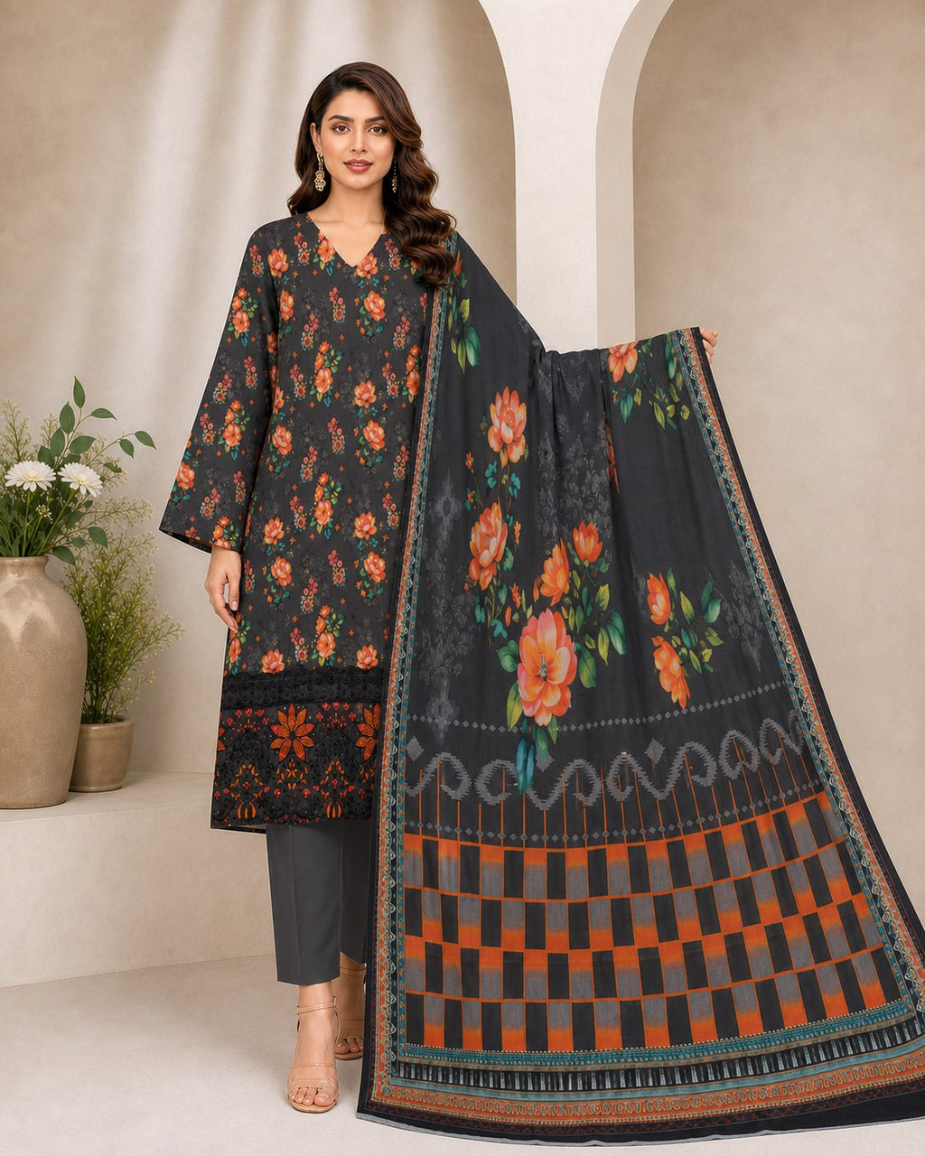 Charcoal Grey Floral Digital Lawn 3-Piece Suit – Vol. 532