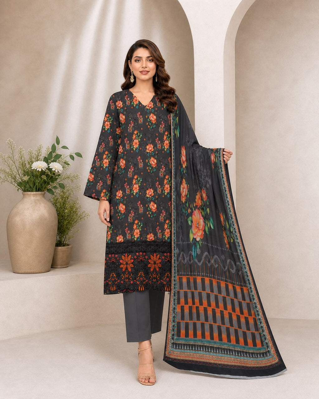 Charcoal Grey Floral Digital Lawn 3-Piece Suit – Vol. 532