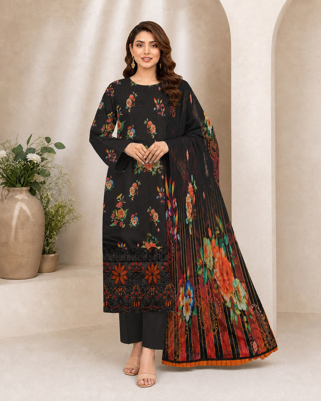 Midnight Black Floral Digital Lawn 3-Piece Suit – Vol. 532