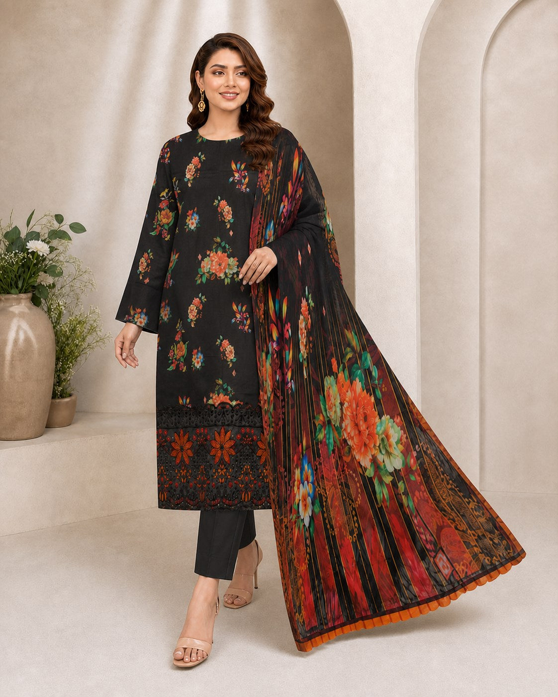 Midnight Black Floral Digital Lawn 3-Piece Suit – Vol. 532