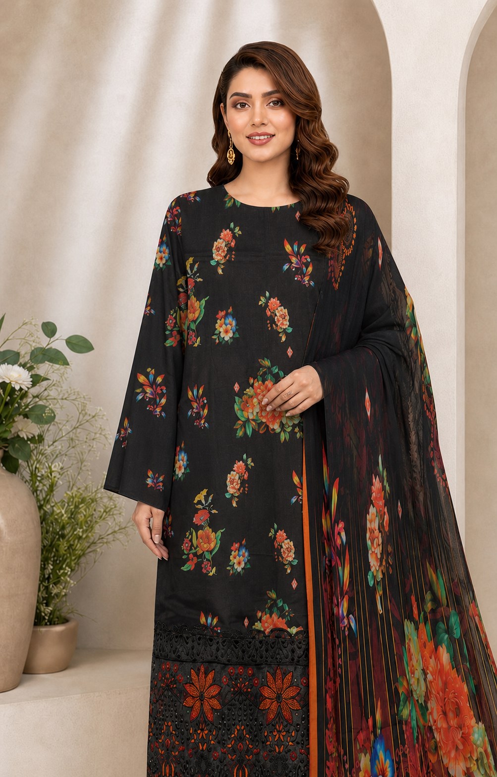 Midnight Black Floral Digital Lawn 3-Piece Suit – Vol. 532