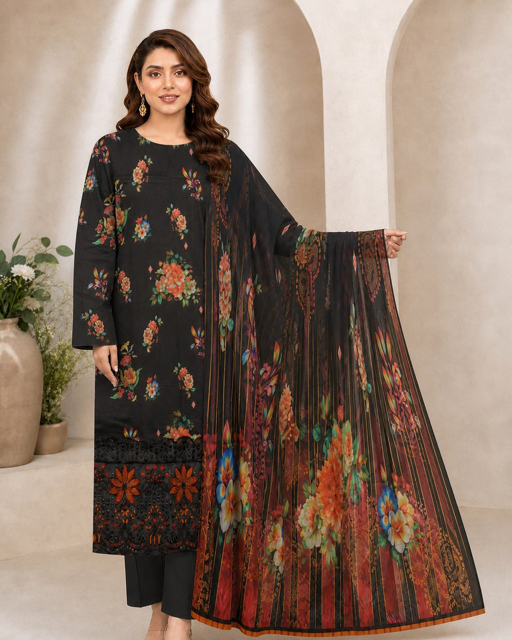 Midnight Black Floral Digital Lawn 3-Piece Suit – Vol. 532