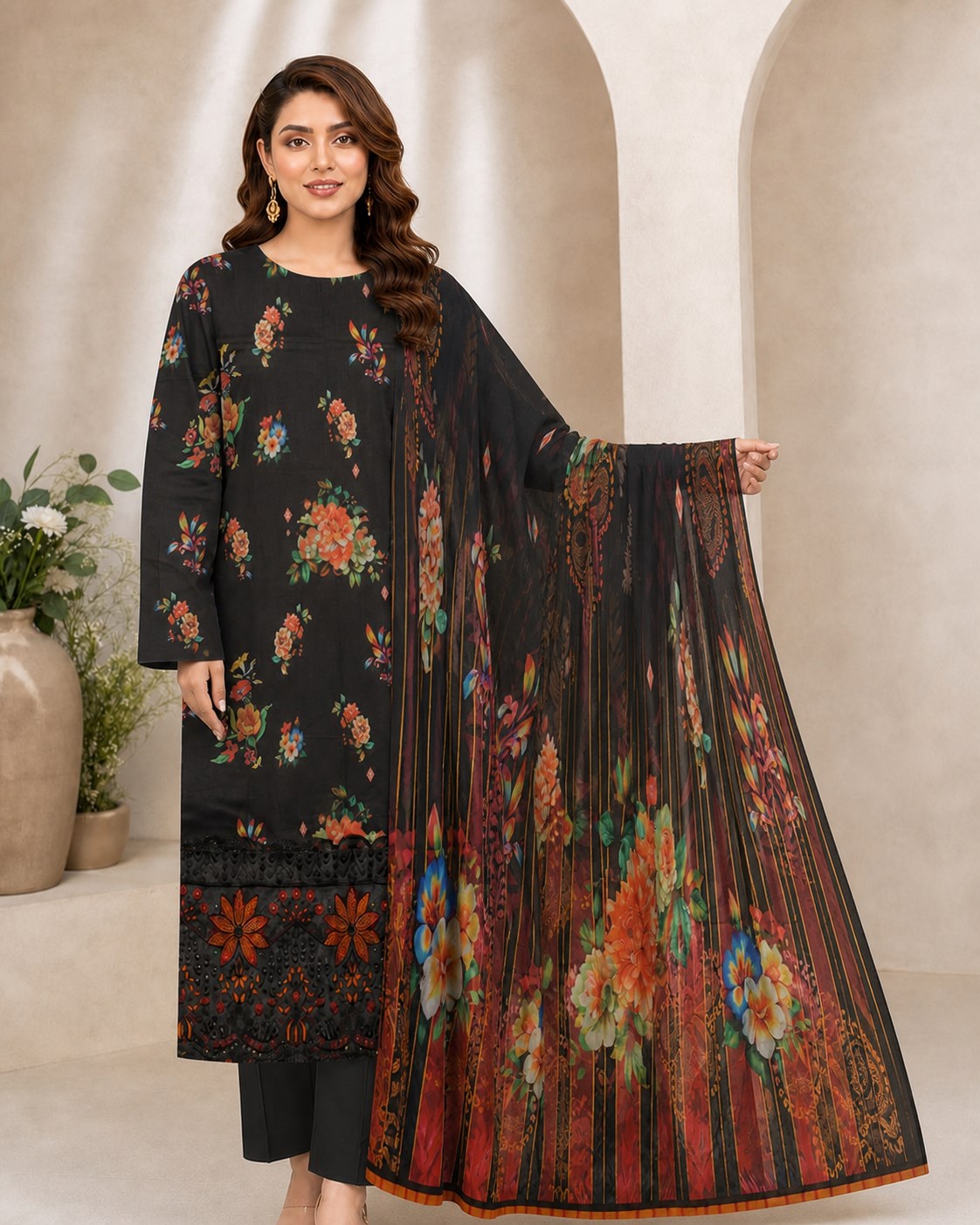 Midnight Black Floral Digital Lawn 3-Piece Suit – Vol. 532