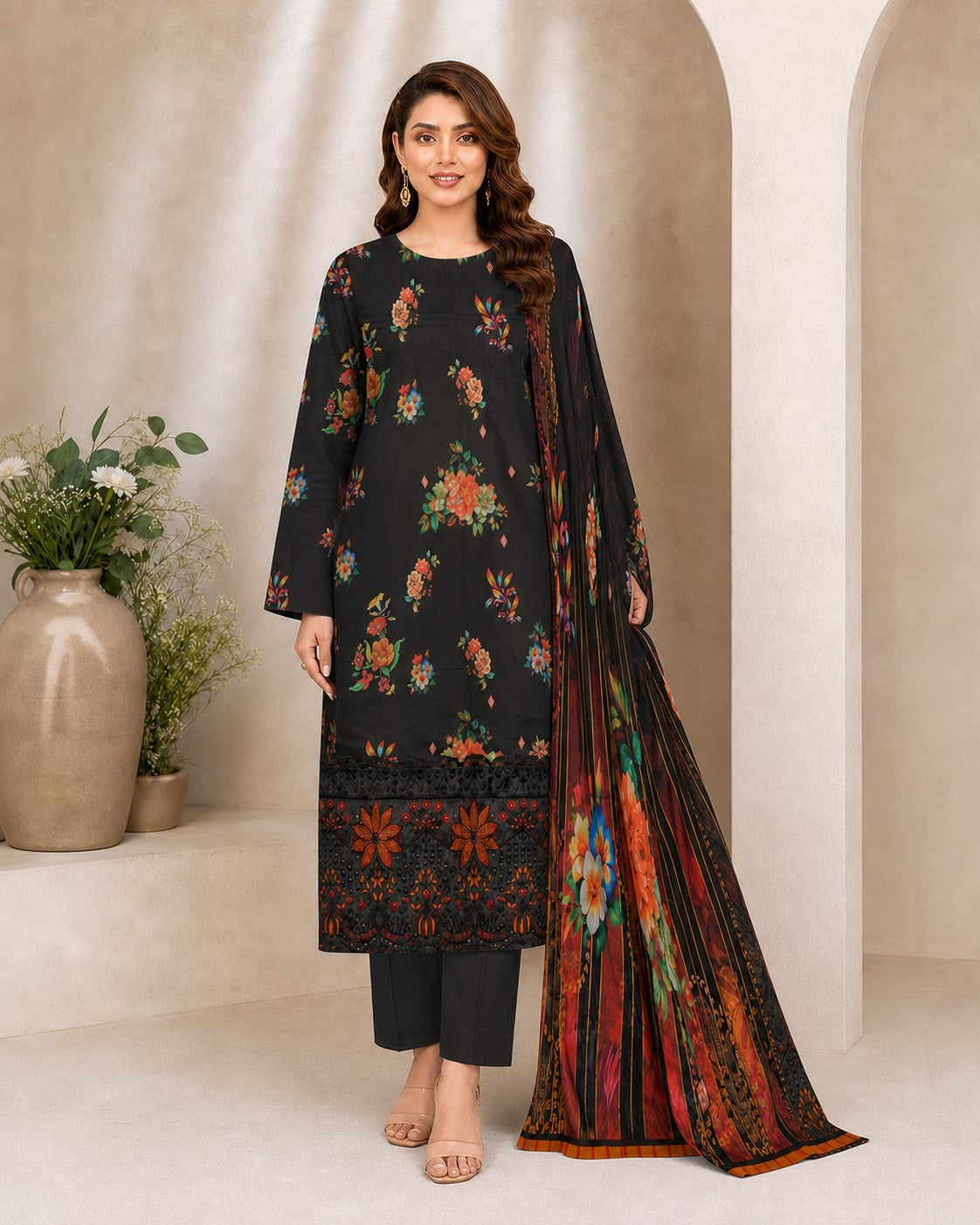 Midnight Black Floral Digital Lawn 3-Piece Suit – Vol. 532
