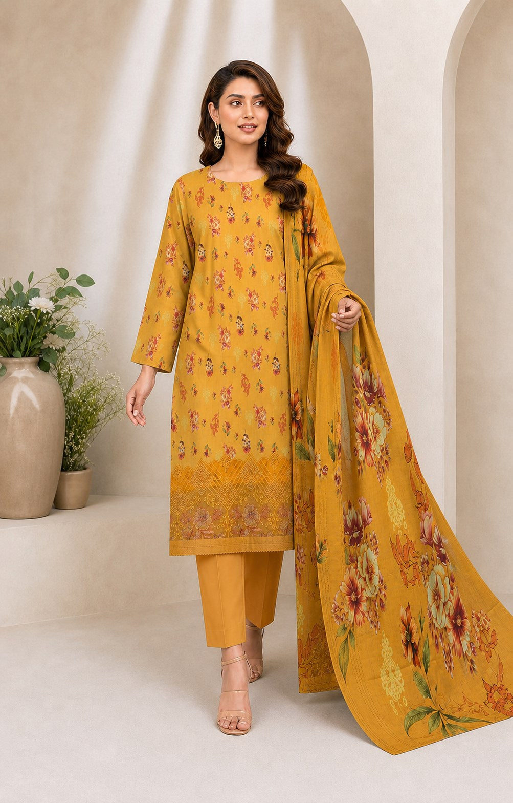 Mustard Gold Floral Digital Lawn 3-Piece Suit – Vol. 531