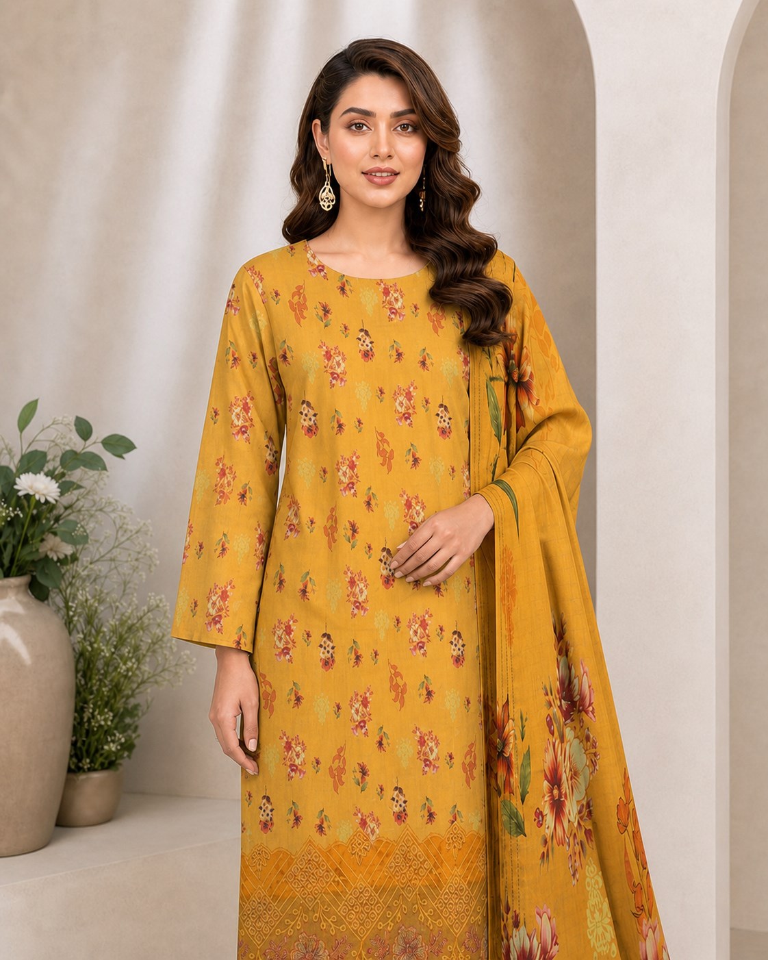 Mustard Gold Floral Digital Lawn 3-Piece Suit – Vol. 531