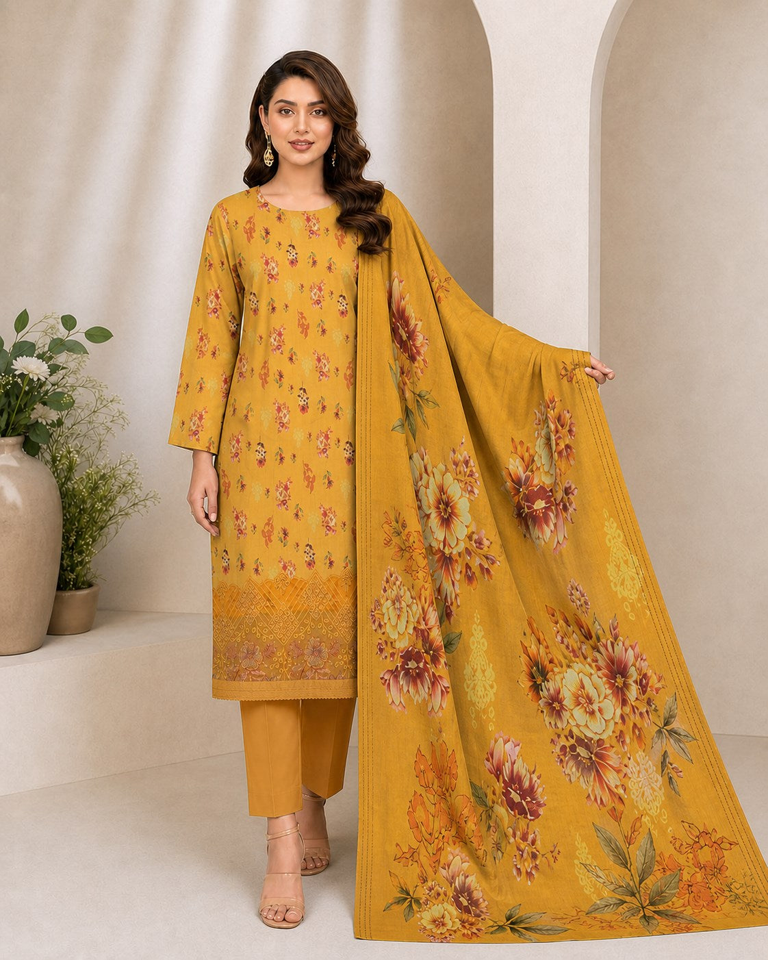 Mustard Gold Floral Digital Lawn 3-Piece Suit – Vol. 531