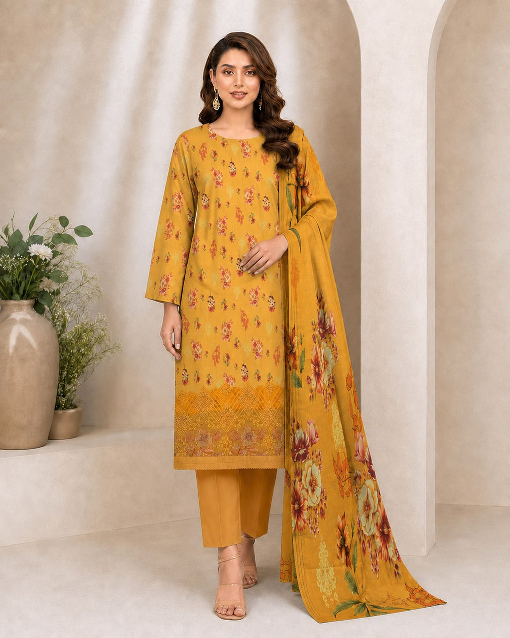 Mustard Gold Floral Digital Lawn 3-Piece Suit – Vol. 531