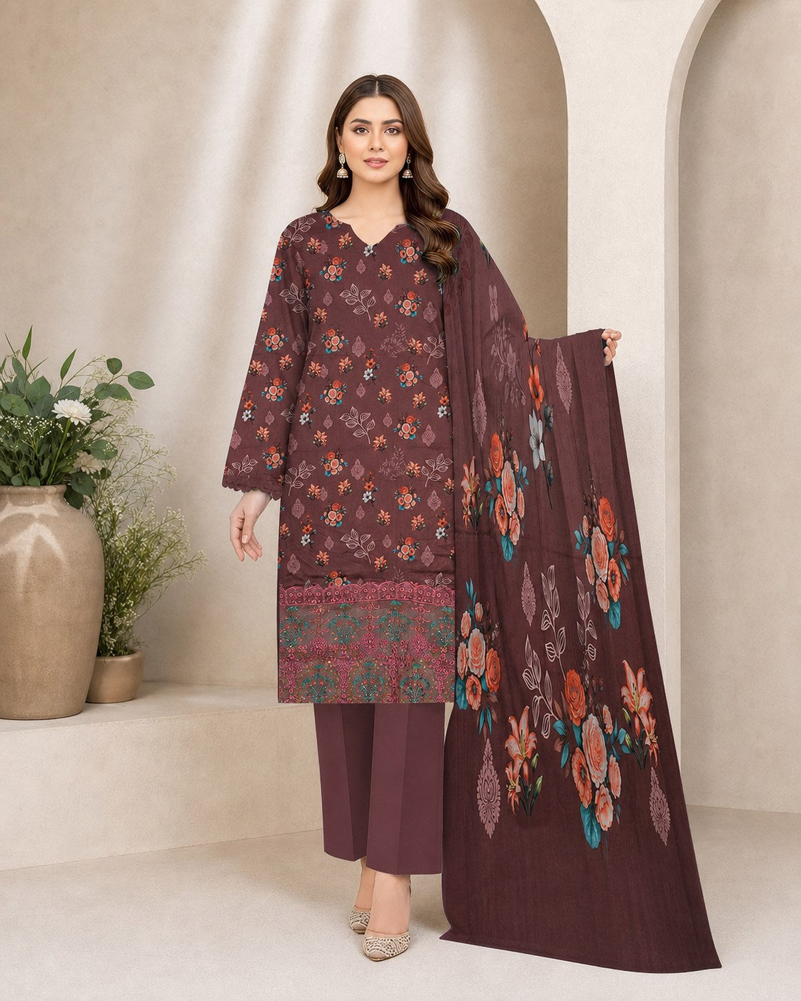 Plum Mauve Floral Digital Lawn 3-Piece Suit – Vol. 531