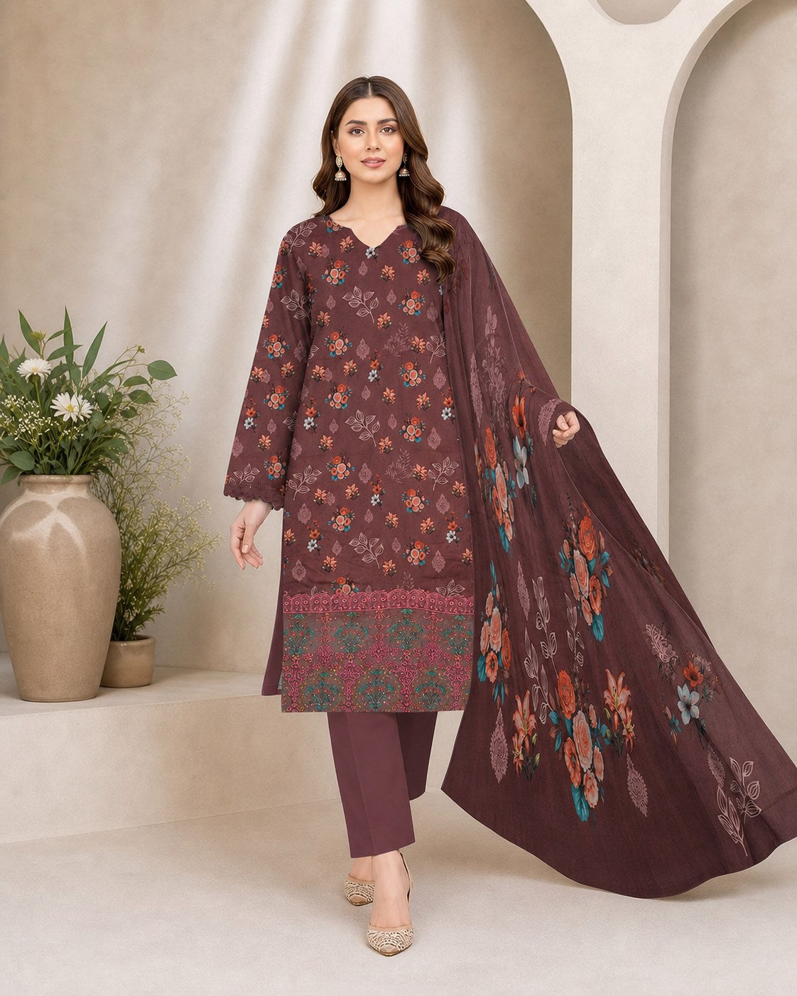 Plum Mauve Floral Digital Lawn 3-Piece Suit – Vol. 531