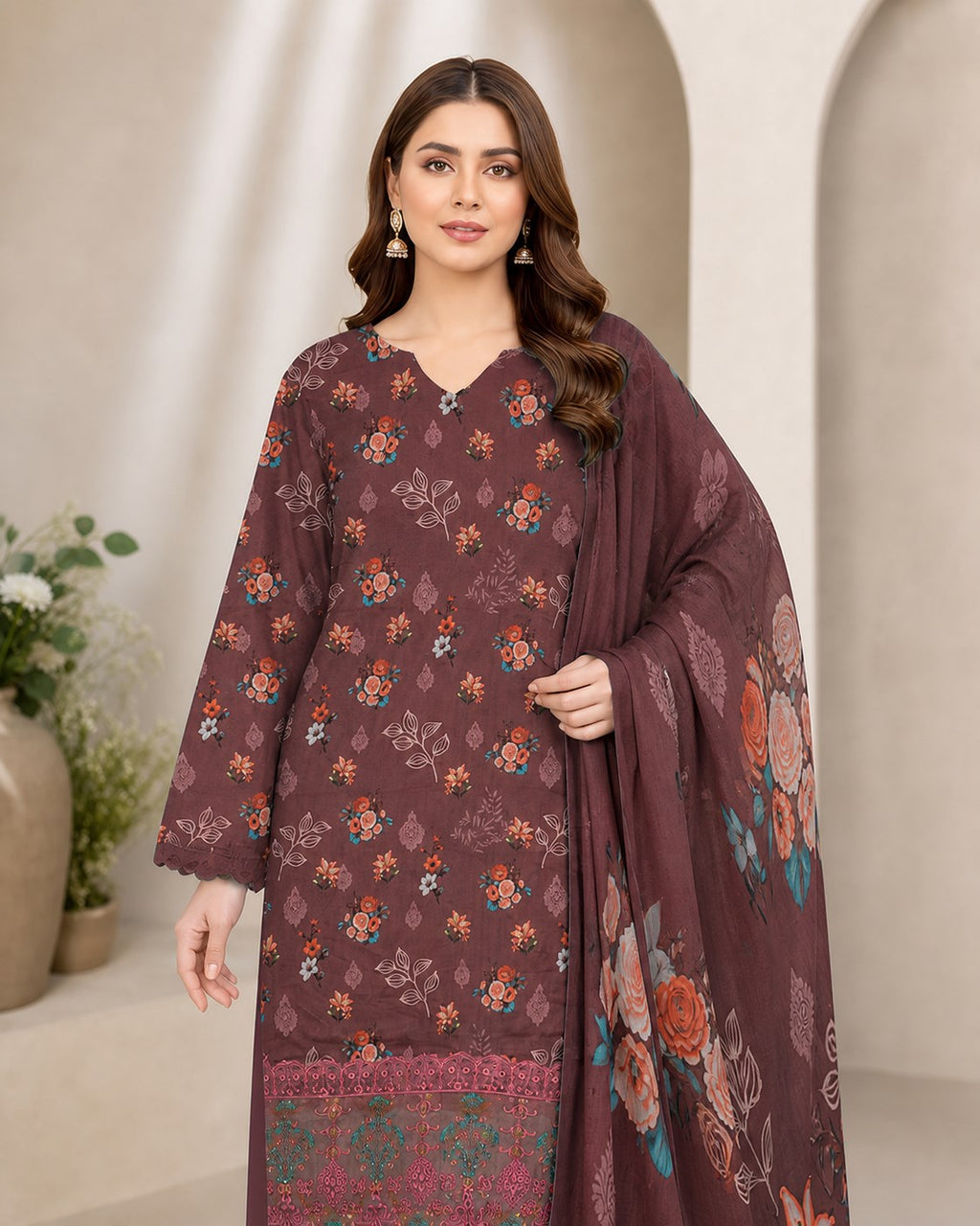 Plum Mauve Floral Digital Lawn 3-Piece Suit – Vol. 531
