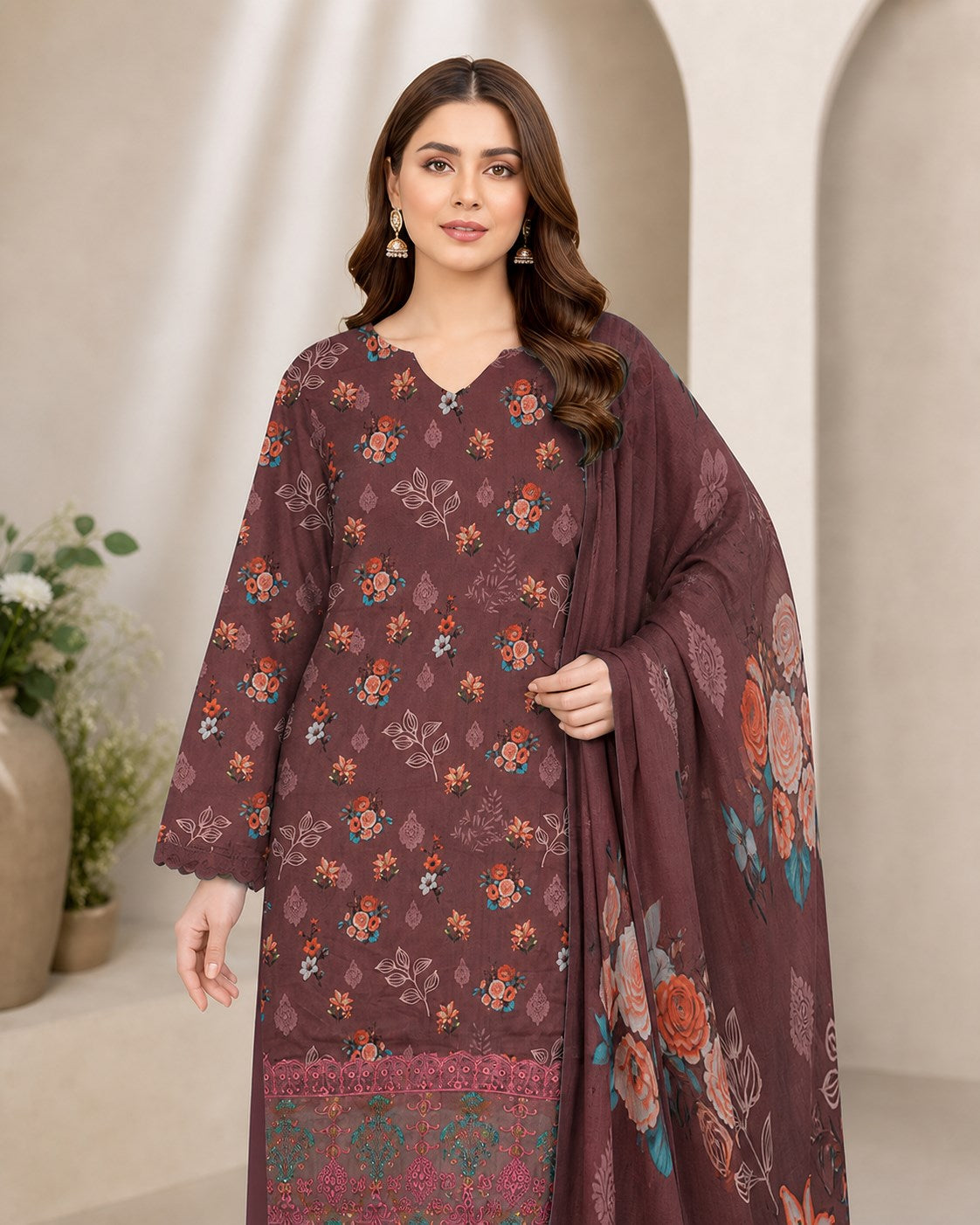 Plum Mauve Floral Digital Lawn 3-Piece Suit – Vol. 531