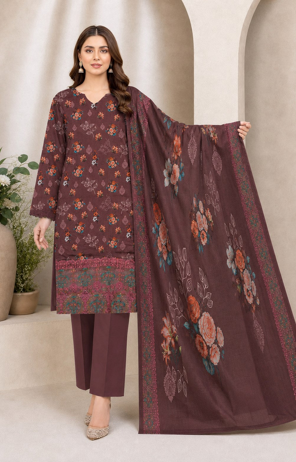 Plum Mauve Floral Digital Lawn 3-Piece Suit – Vol. 531