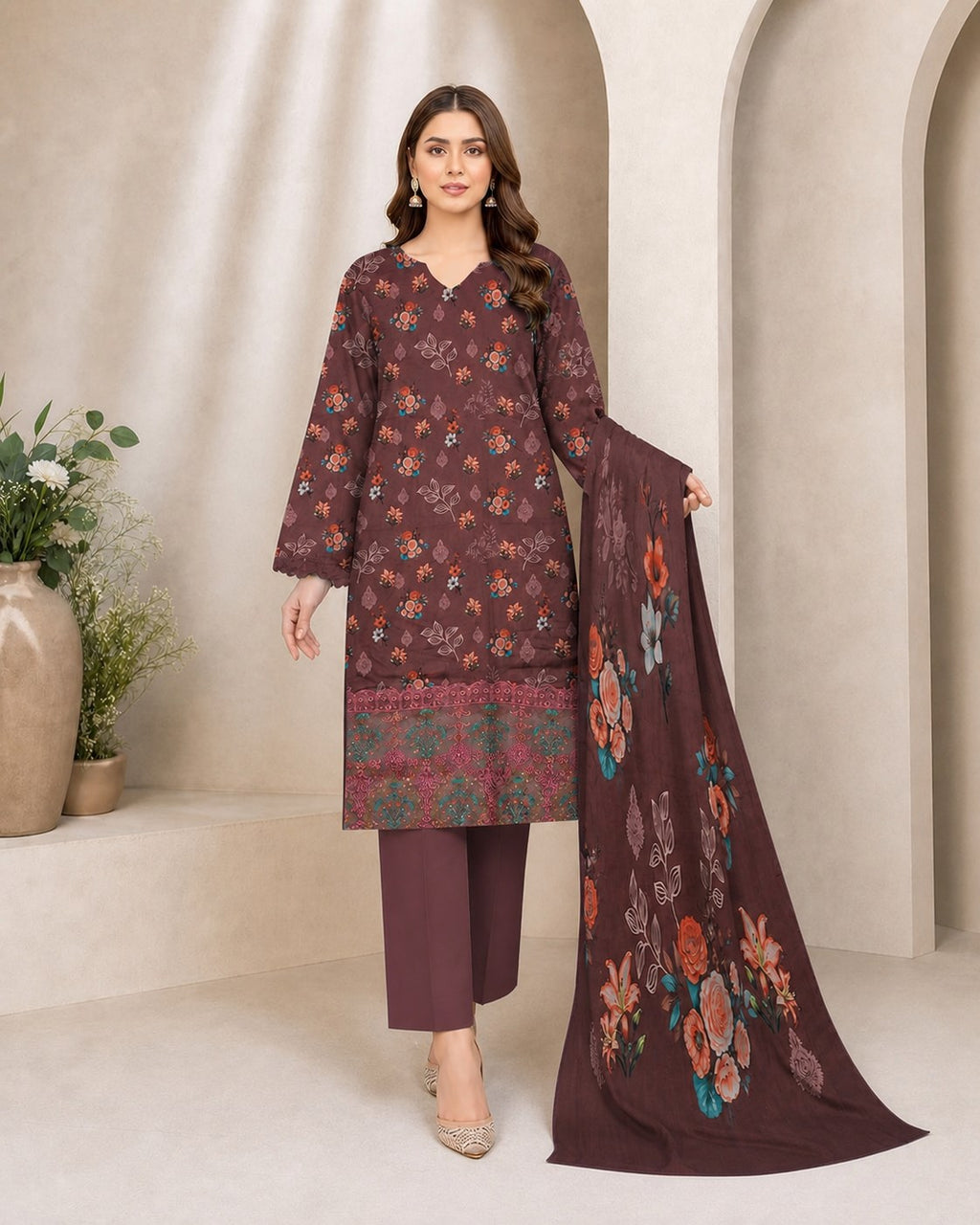 Plum Mauve Floral Digital Lawn 3-Piece Suit – Vol. 531