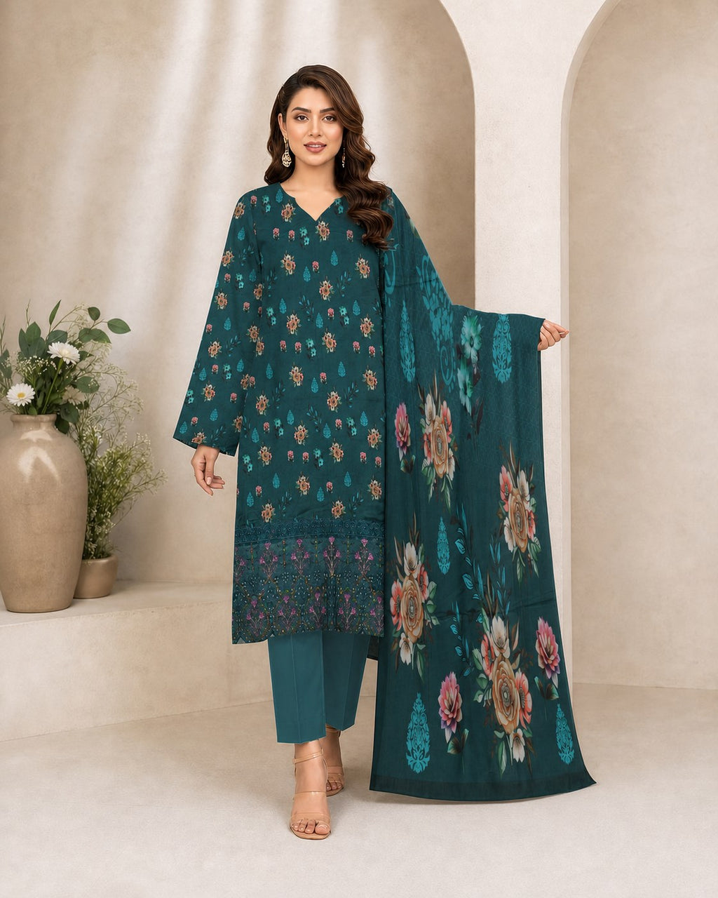 Teal Emerald Motif Digital Lawn 3-Piece Suit – Vol. 531