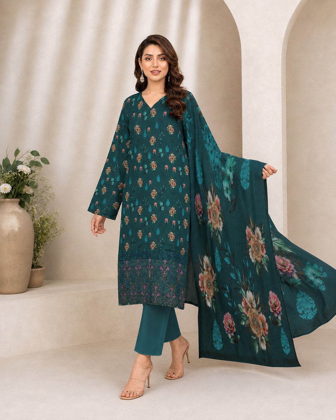 Teal Emerald Motif Digital Lawn 3-Piece Suit – Vol. 531