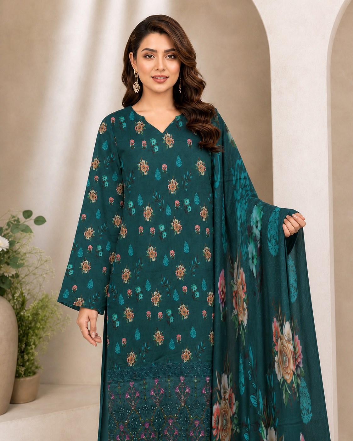 Teal Emerald Motif Digital Lawn 3-Piece Suit – Vol. 531