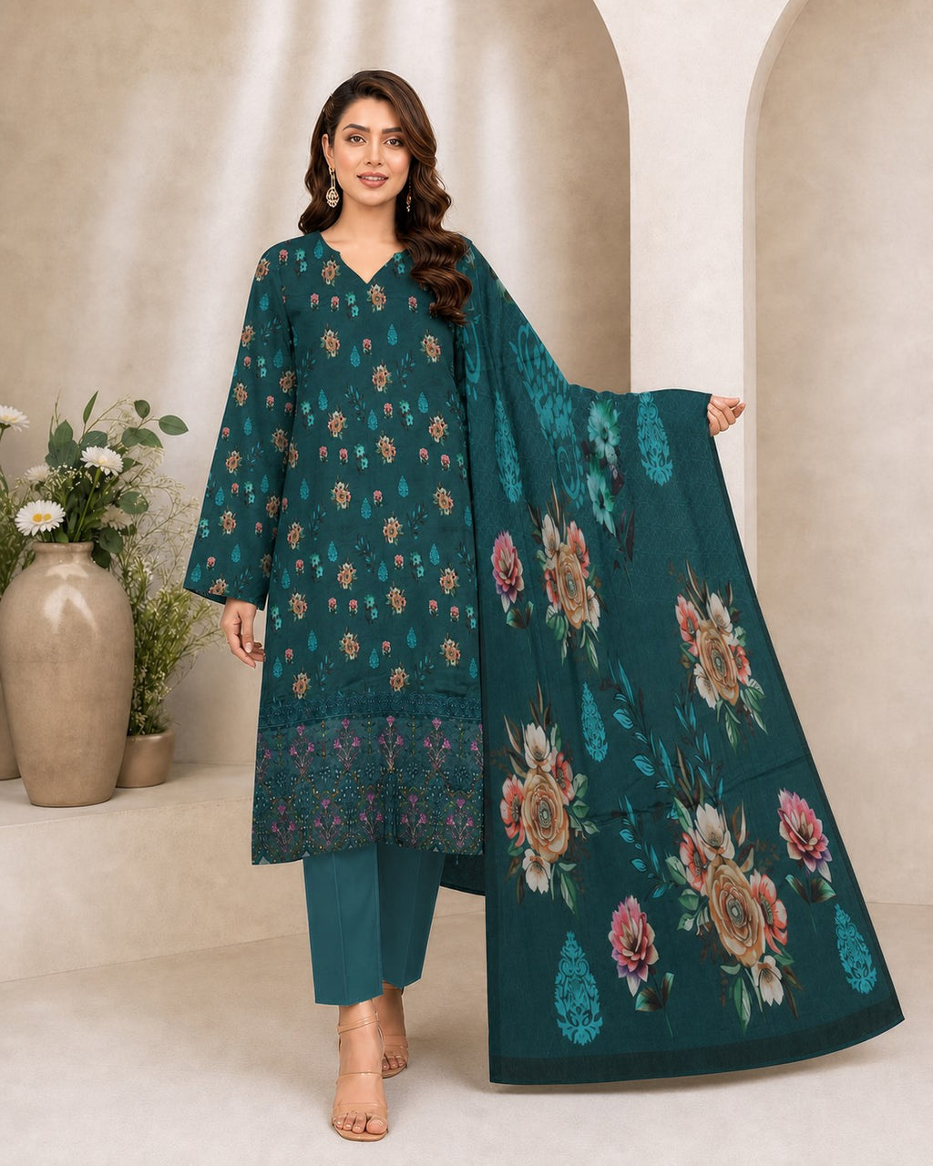 Teal Emerald Motif Digital Lawn 3-Piece Suit – Vol. 531