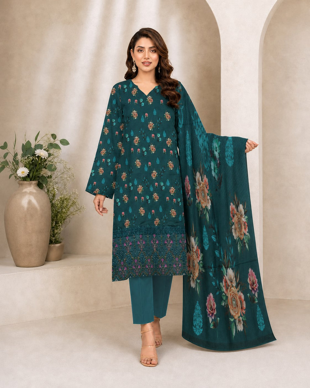 Teal Emerald Motif Digital Lawn 3-Piece Suit – Vol. 531