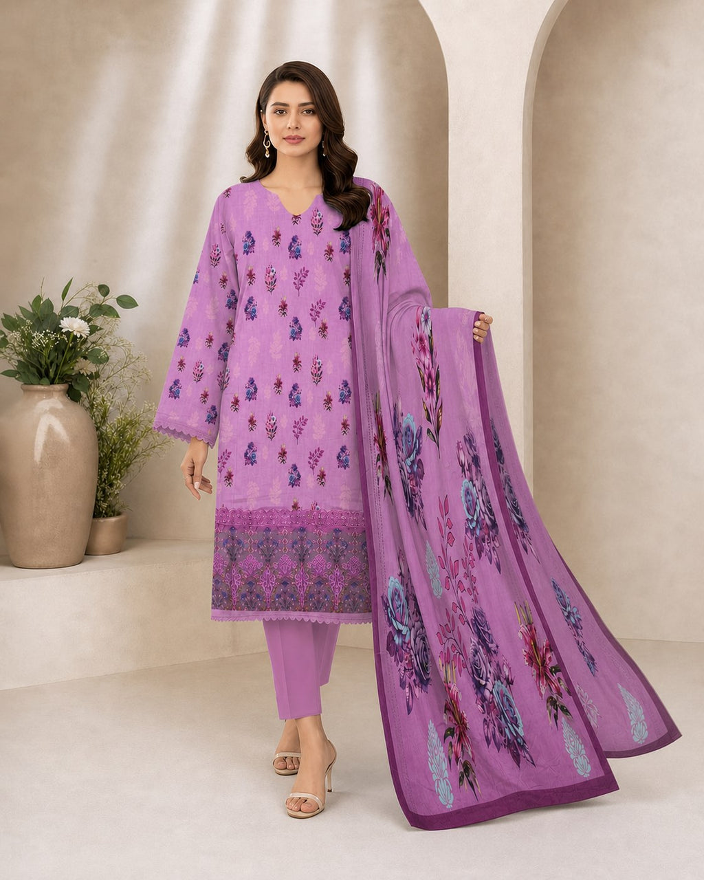 Lavender Lilac Floral Digital Lawn 3-Piece Suit – Vol. 531