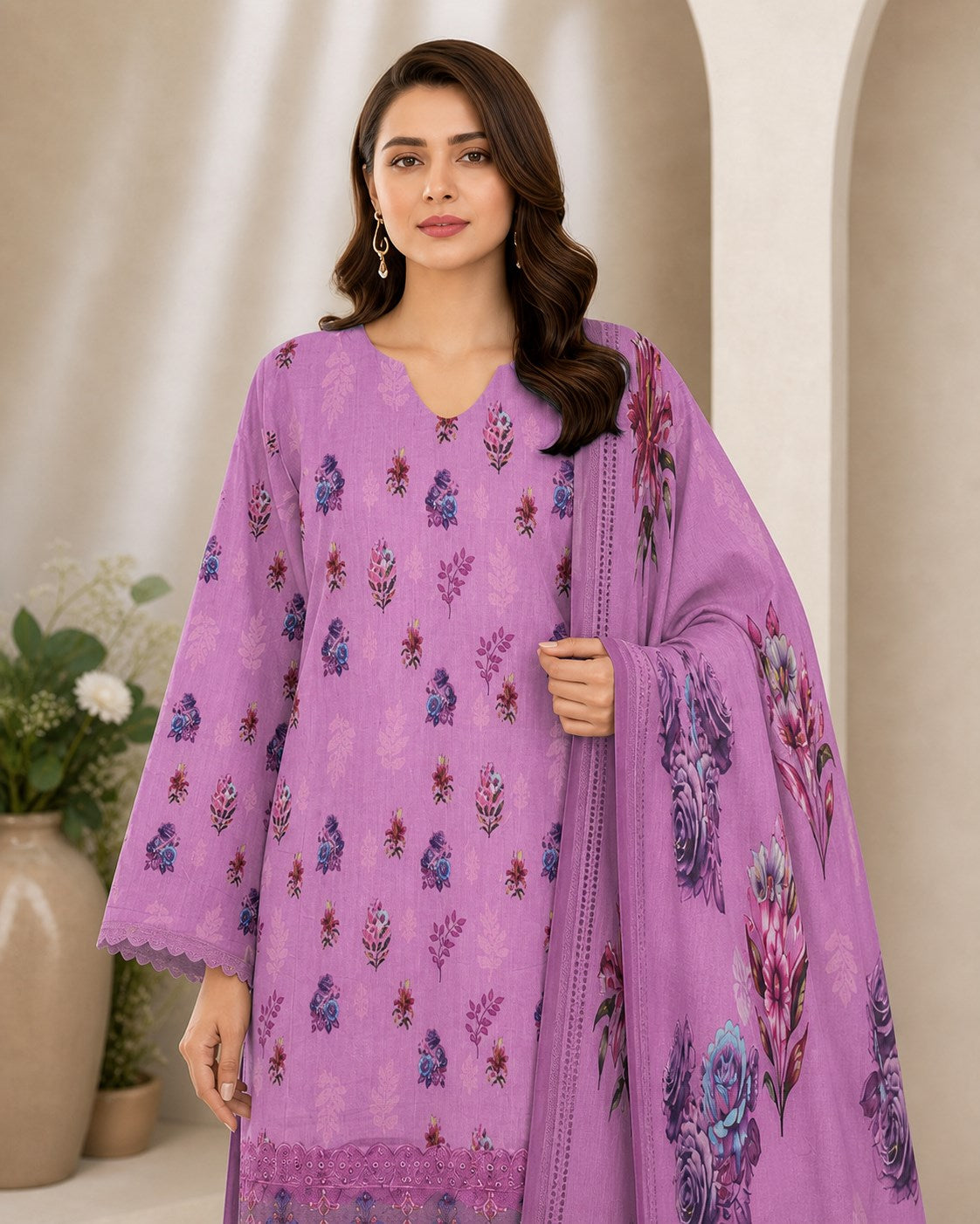 Lavender Lilac Floral Digital Lawn 3-Piece Suit – Vol. 531