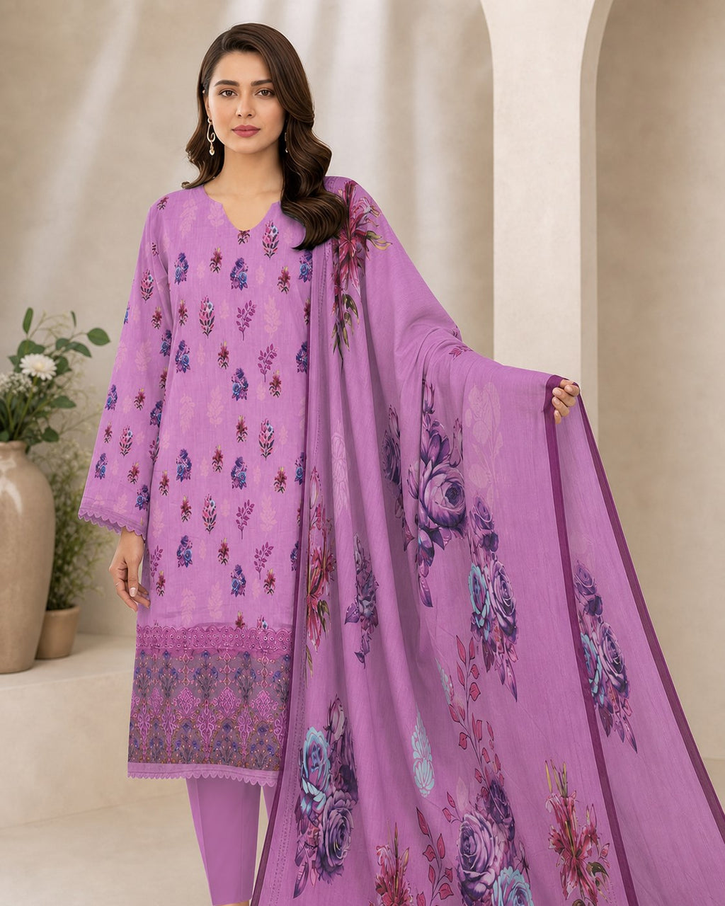 Lavender Lilac Floral Digital Lawn 3-Piece Suit – Vol. 531