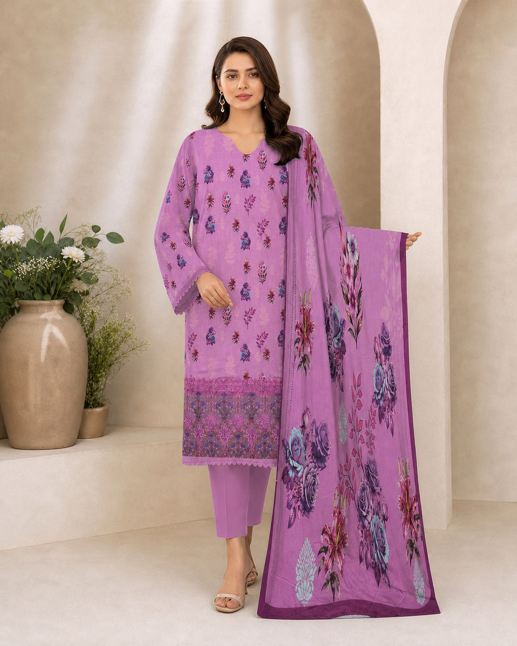Lavender Lilac Floral Digital Lawn 3-Piece Suit – Vol. 531