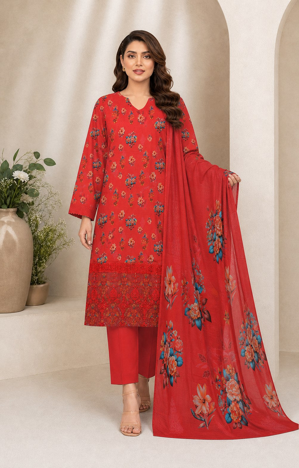 Crimson Red Floral Digital Lawn 3-Piece Suit – Vol. 531