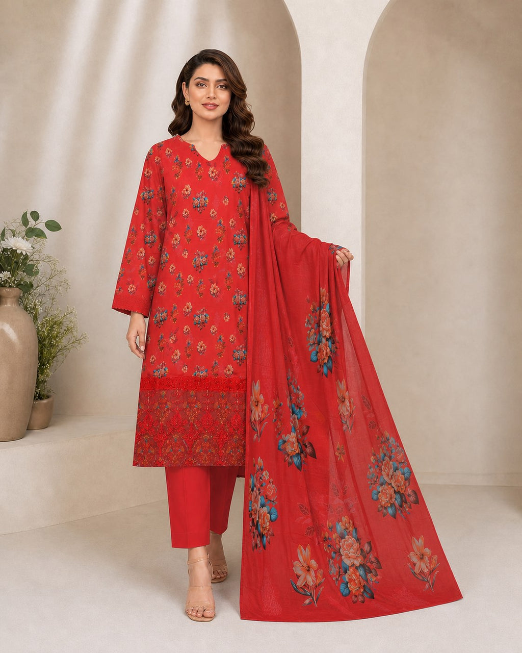 Crimson Red Floral Digital Lawn 3-Piece Suit – Vol. 531