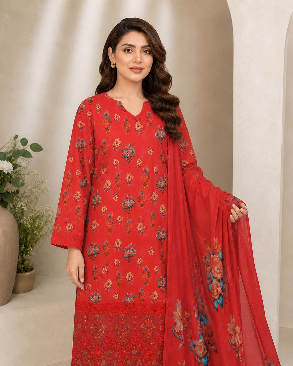 Crimson Red Floral Digital Lawn 3-Piece Suit – Vol. 531