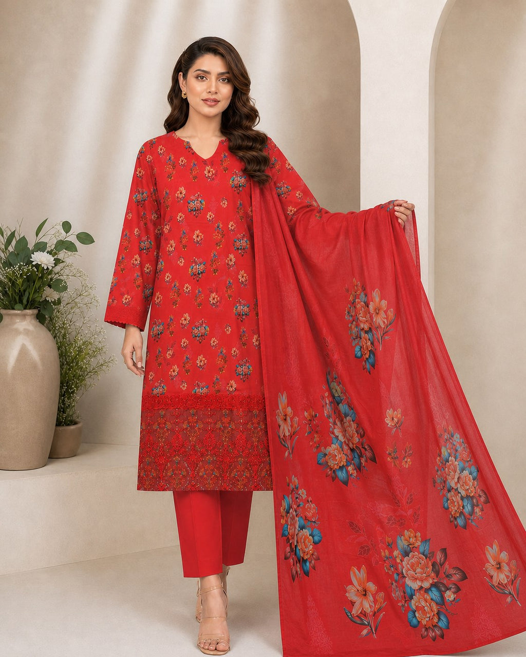 Crimson Red Floral Digital Lawn 3-Piece Suit – Vol. 531