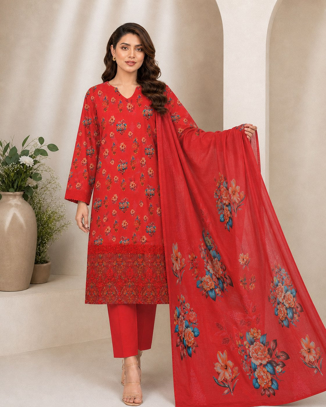 Crimson Red Floral Digital Lawn 3-Piece Suit – Vol. 531