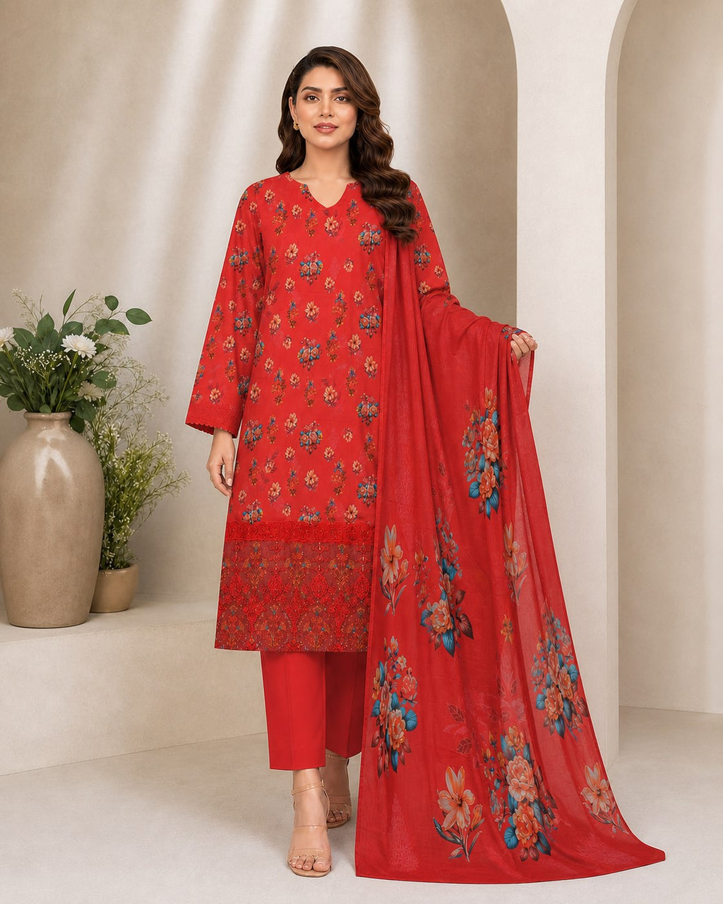 Crimson Red Floral Digital Lawn 3-Piece Suit – Vol. 531