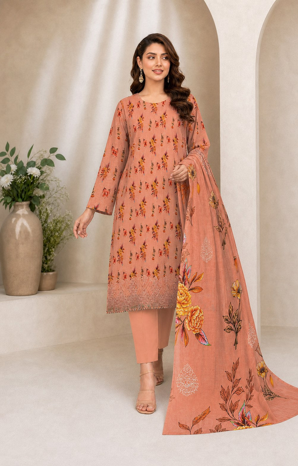 Peach Terracotta Floral Digital Lawn 3-Piece Suit – Vol. 531
