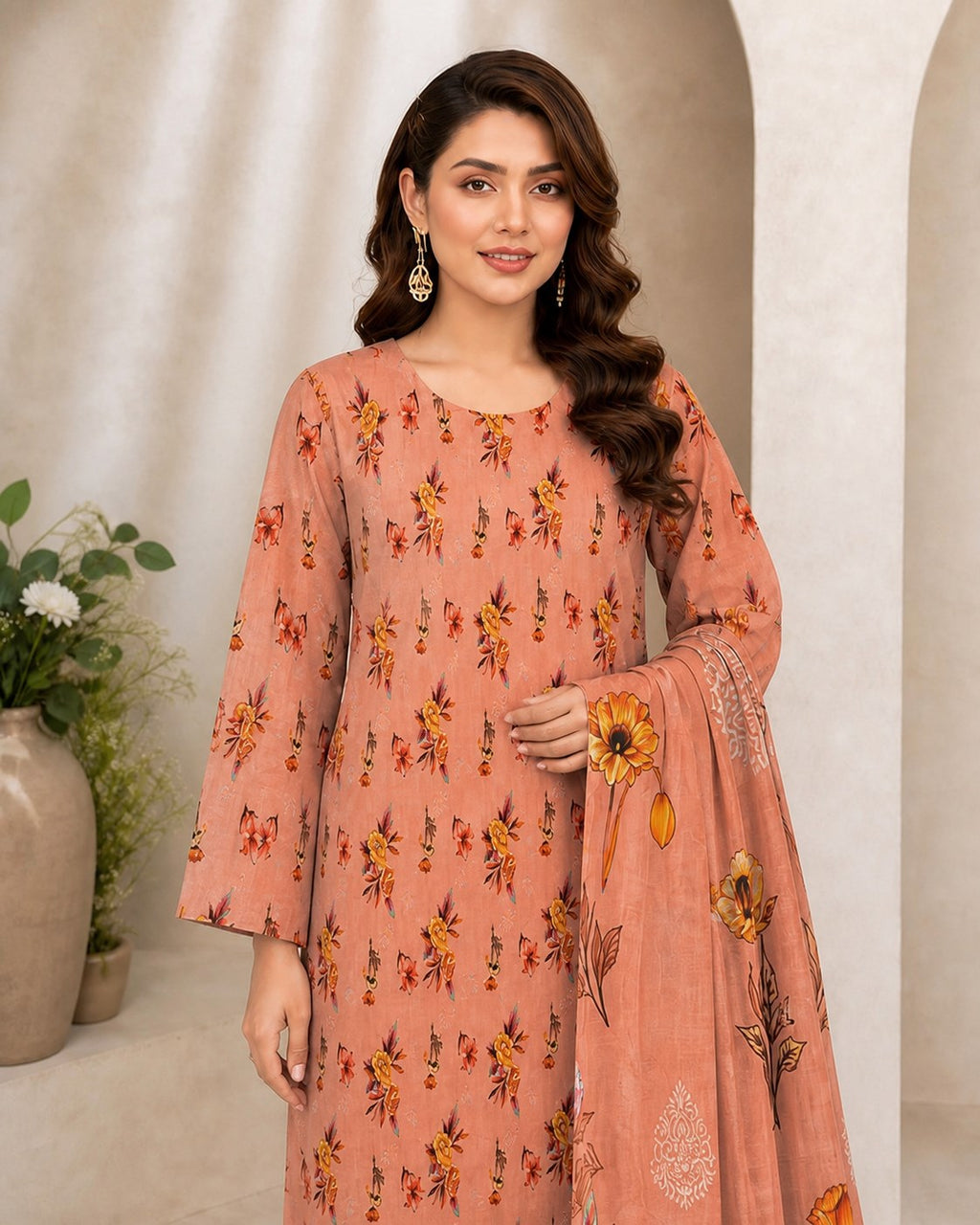 Peach Terracotta Floral Digital Lawn 3-Piece Suit – Vol. 531