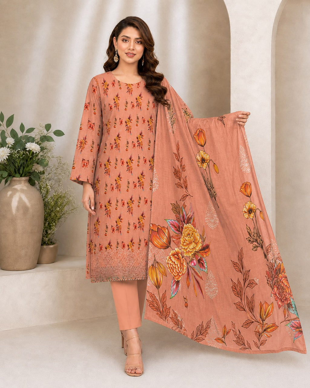 Peach Terracotta Floral Digital Lawn 3-Piece Suit – Vol. 531
