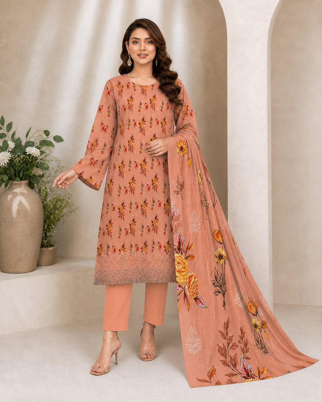 Peach Terracotta Floral Digital Lawn 3-Piece Suit – Vol. 531