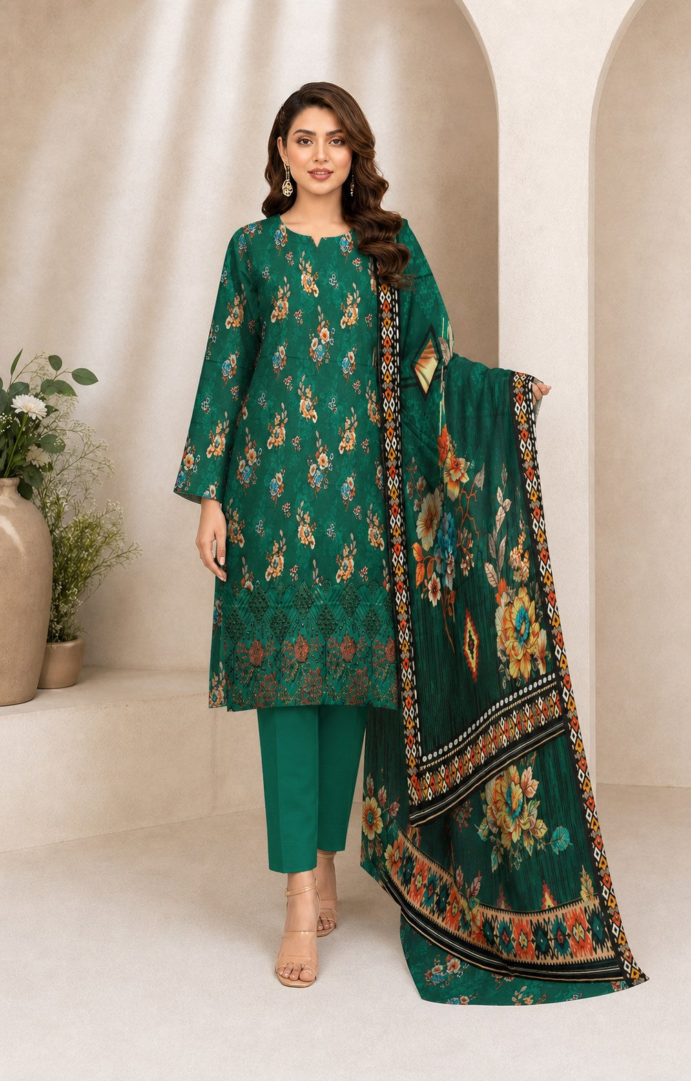 Emerald Green Floral Digital Lawn 3-Piece Suit – Vol. 531
