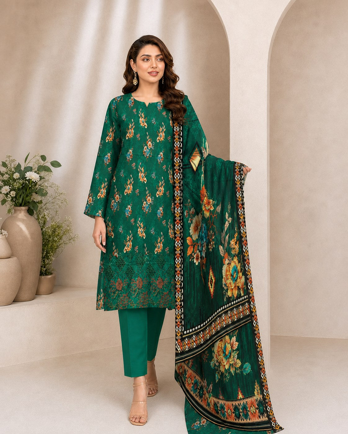 Emerald Green Floral Digital Lawn 3-Piece Suit – Vol. 531