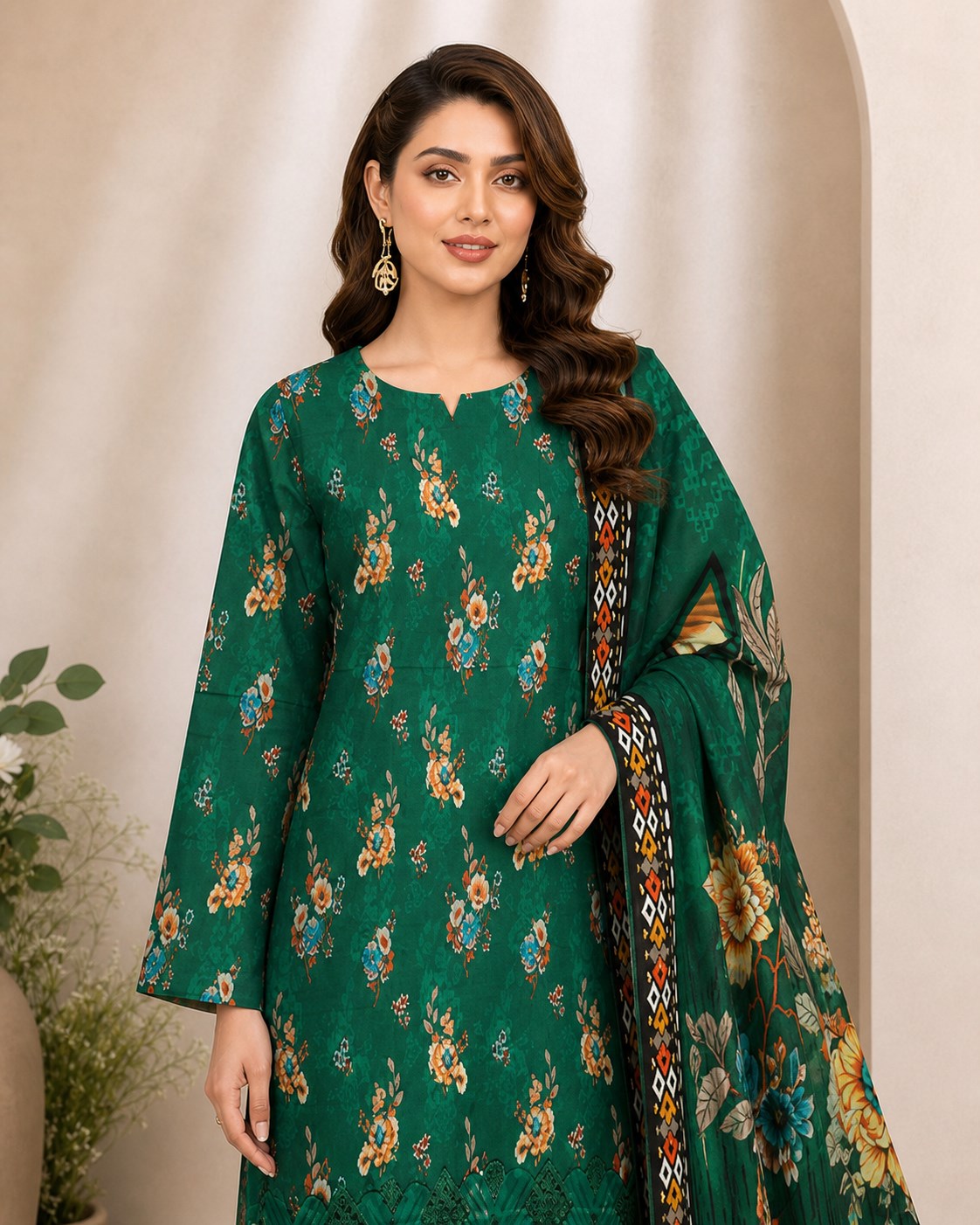 Emerald Green Floral Digital Lawn 3-Piece Suit – Vol. 531