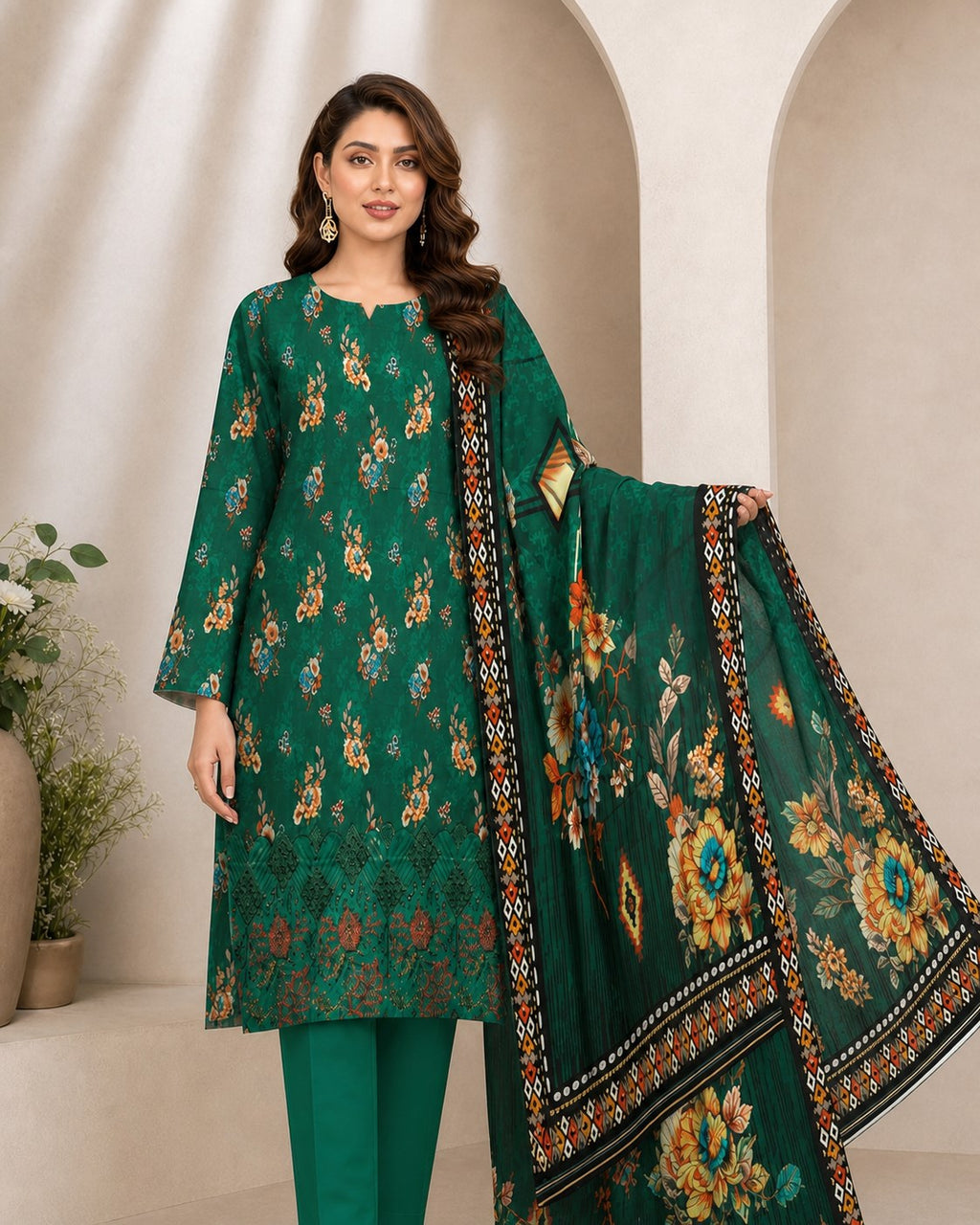 Emerald Green Floral Digital Lawn 3-Piece Suit – Vol. 531