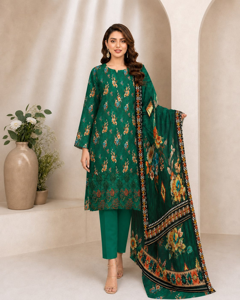 Emerald Green Floral Digital Lawn 3-Piece Suit – Vol. 531