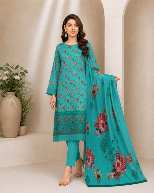 Aqua Turquoise Floral Digital Lawn 3-Piece Suit – Vol. 531