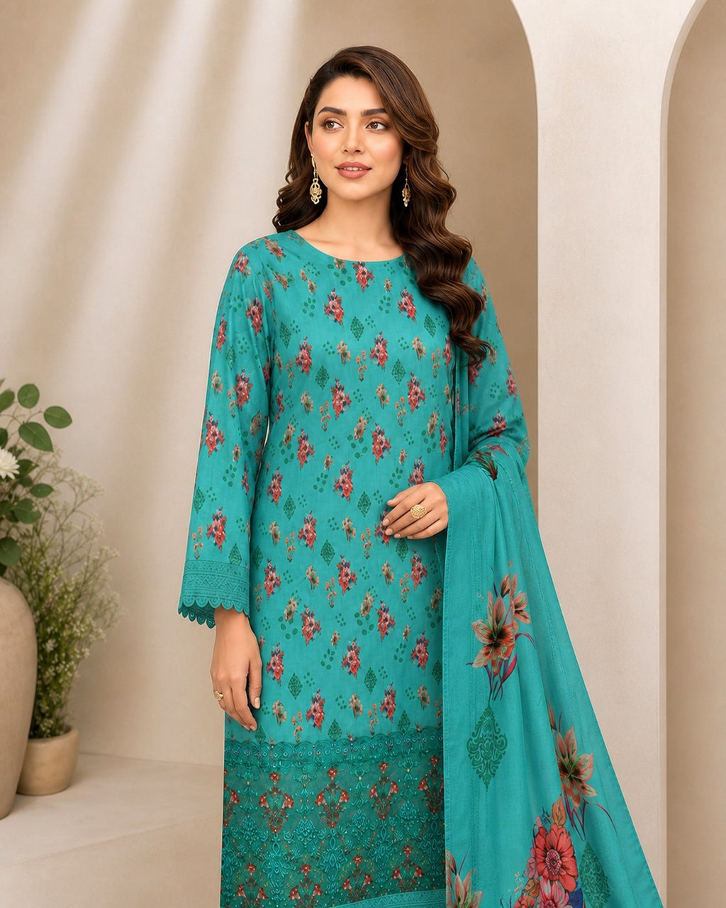 Aqua Turquoise Floral Digital Lawn 3-Piece Suit – Vol. 531