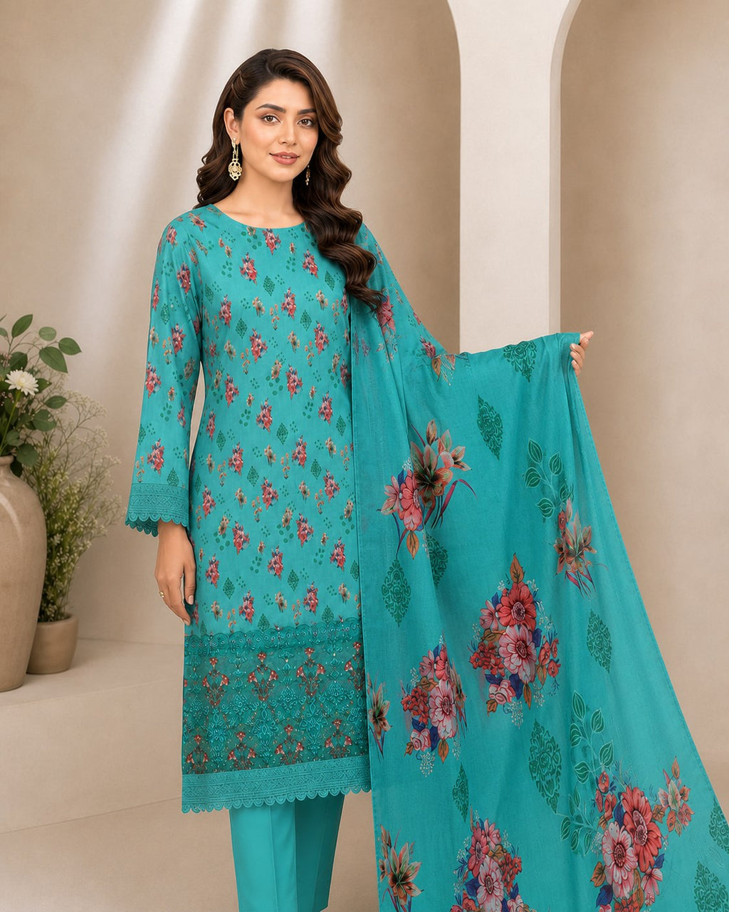 Aqua Turquoise Floral Digital Lawn 3-Piece Suit – Vol. 531