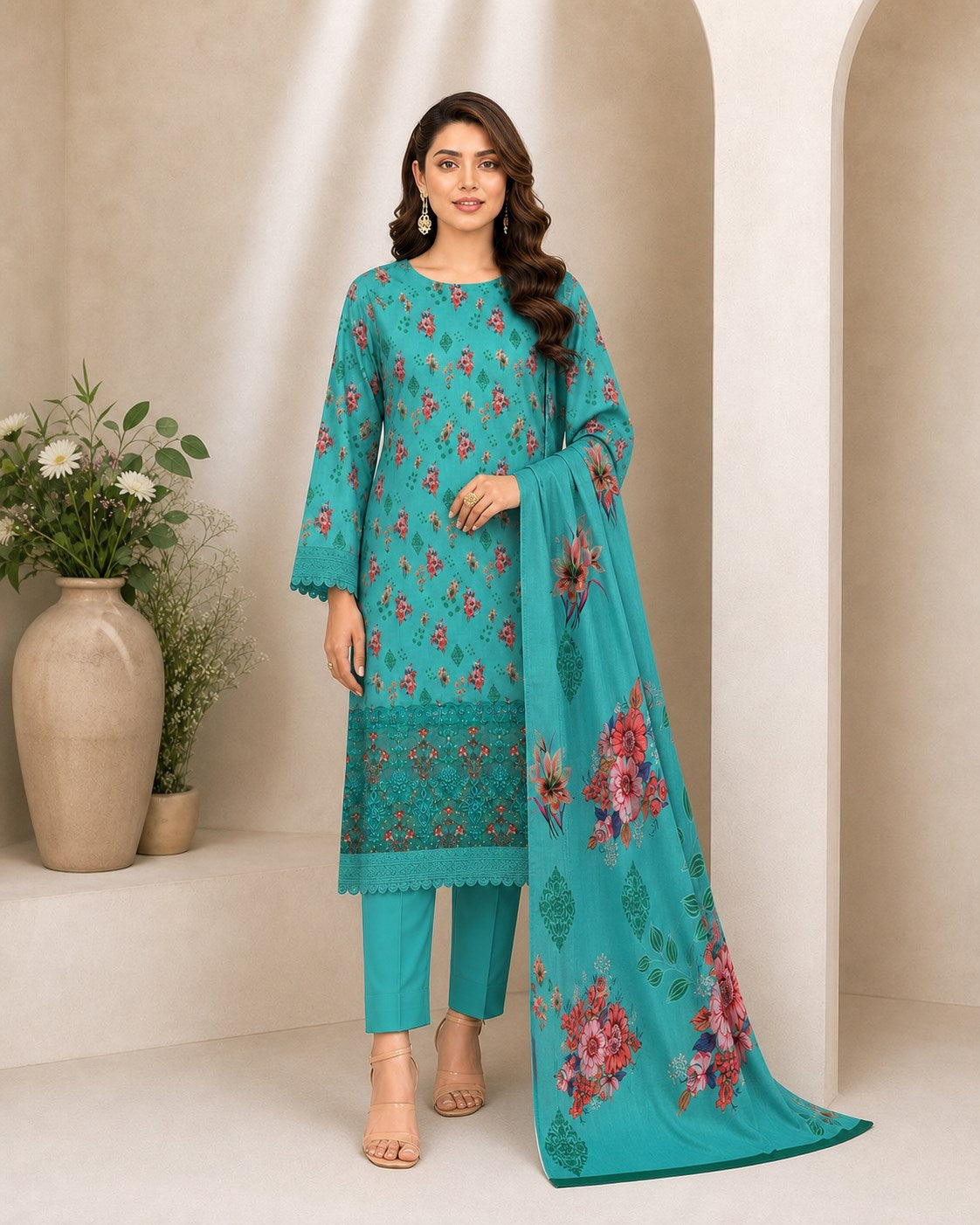 Aqua Turquoise Floral Digital Lawn 3-Piece Suit – Vol. 531