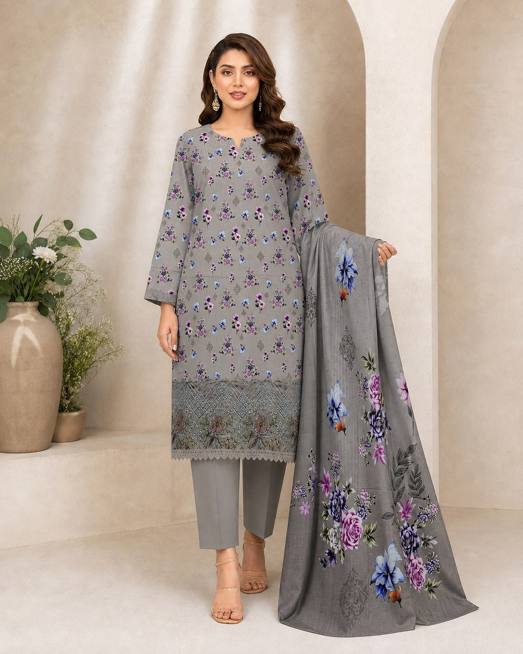 Silver Grey Floral Digital Lawn 3-Piece Suit – Vol. 531