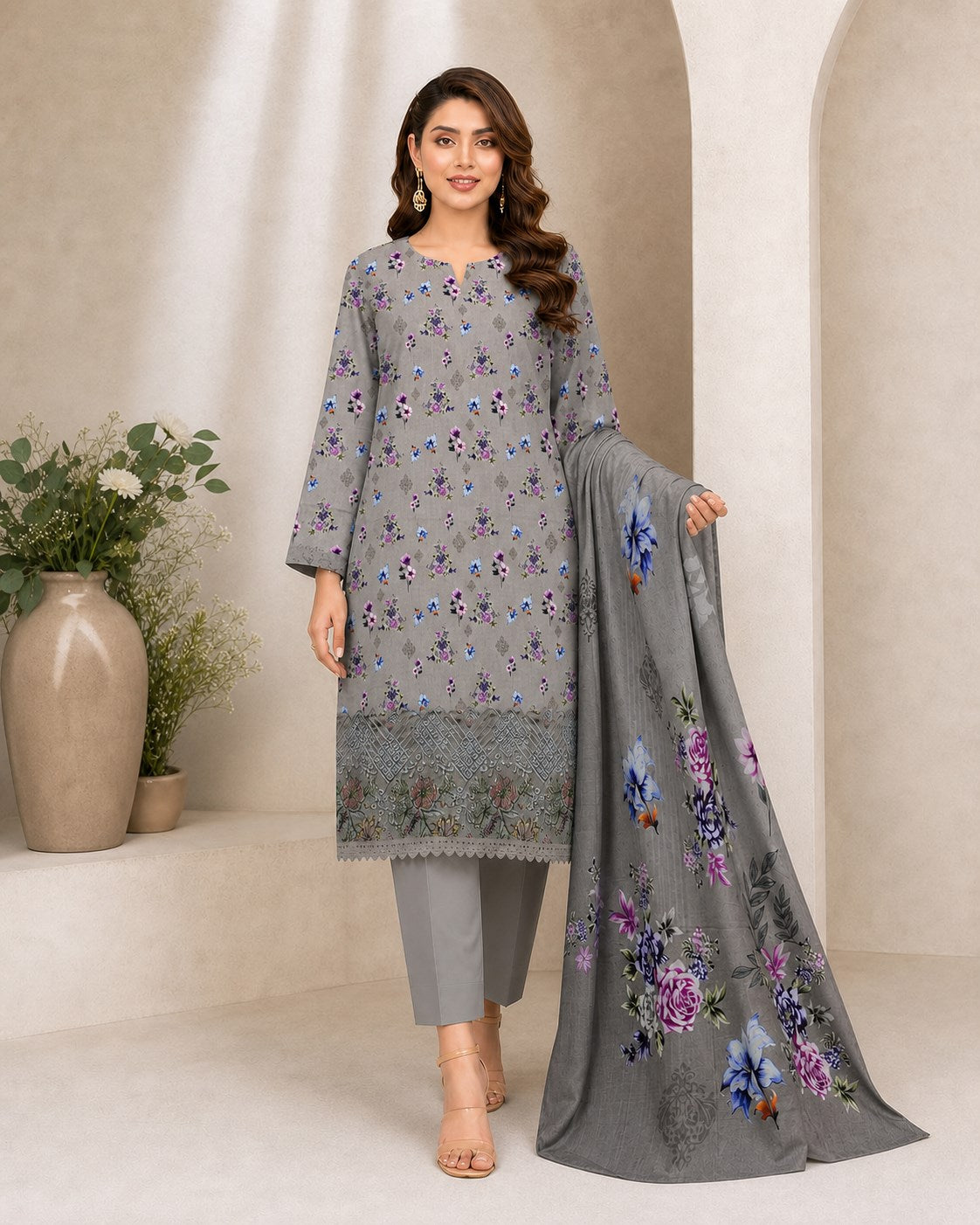 Silver Grey Floral Digital Lawn 3-Piece Suit – Vol. 531